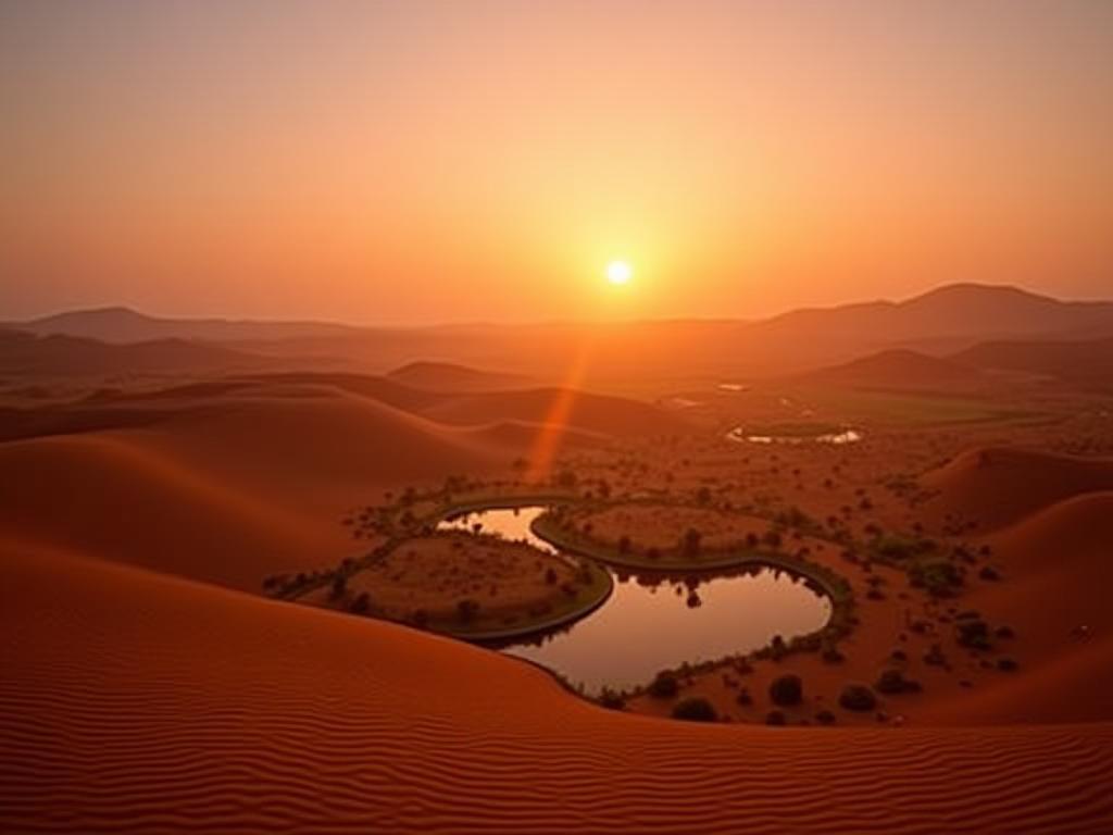 Panoramic view of a desert oasis at sunset