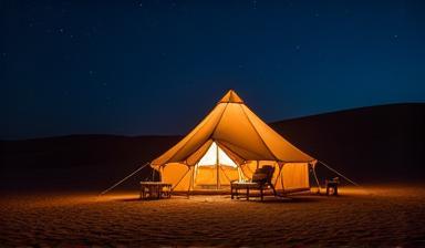 Luxury desert camping setup at night